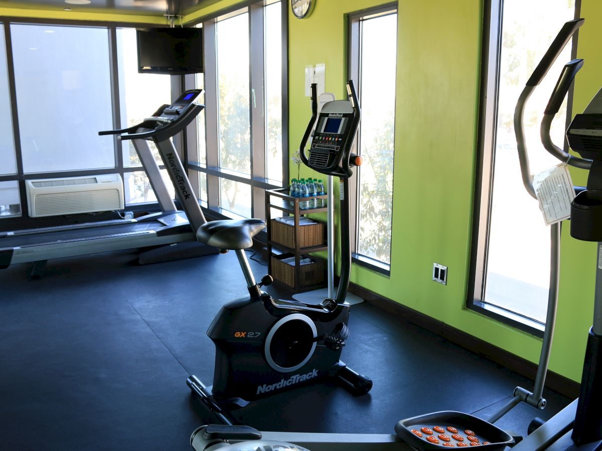 A small gym room with treadmills, a stationary bike, large windows, and lime-green walls.