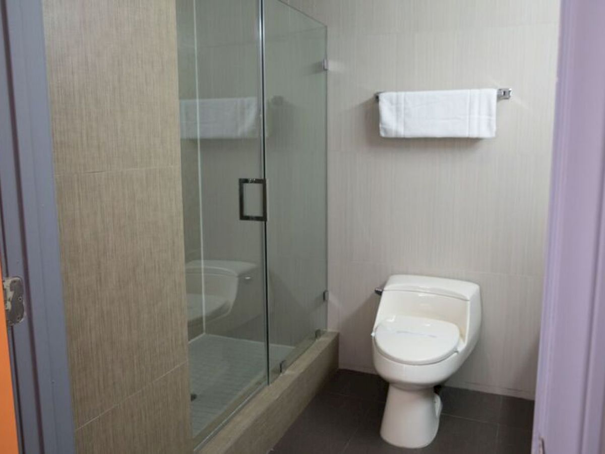 The image shows a bathroom with a glass-enclosed shower, a toilet, and a towel hanging on a rack above the toilet.