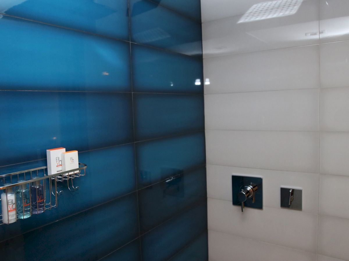 A modern bathroom shower with blue and white tiles, a metal rack holding toiletries, and a wall-mounted shower control handle.