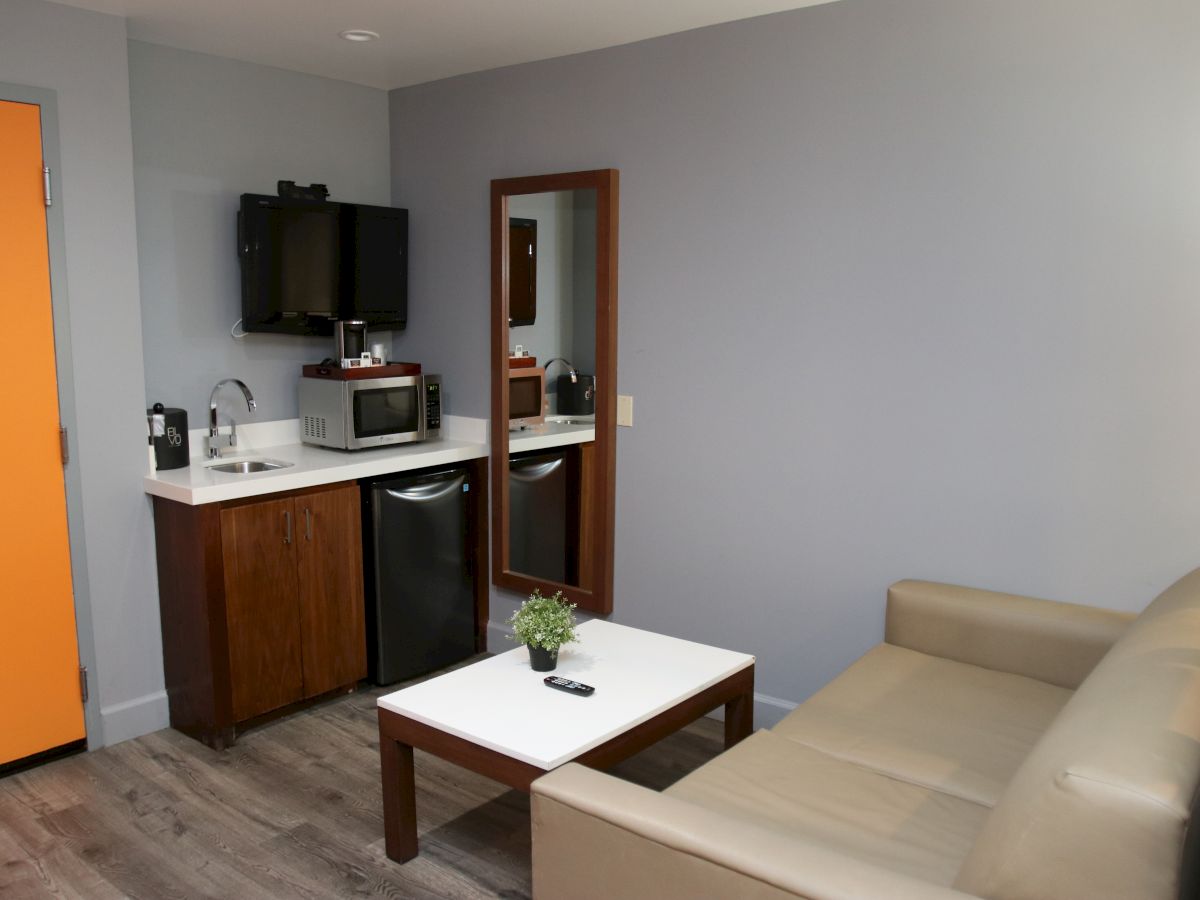 The image shows a small living area with a beige couch, coffee table, kitchenette, microwave, TV, and a bright orange door.