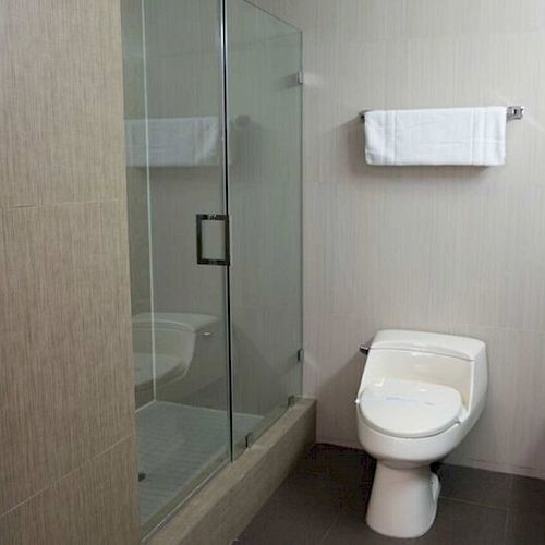 The image shows a bathroom with a toilet, a towel on a rack, and a glass-enclosed shower. The walls and floor are tile, and the door is open.