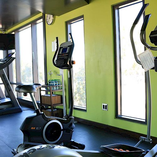 This image shows a gym with green walls, featuring equipment like treadmills, exercise bikes, and an elliptical machine, next to large windows.