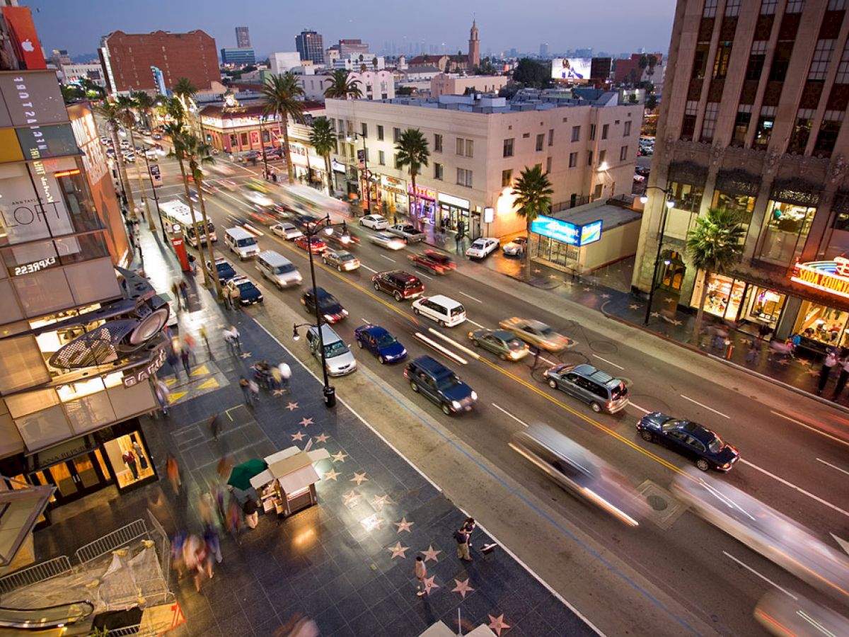 This image shows a busy nightlife scene of a city street lined with cars and people, featuring palm trees, neon signs, and a star-studded sidewalk.