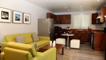 This image shows a modern living room and kitchen with yellow furniture, wooden cabinets, and stainless steel appliances, creating a cozy and inviting space.